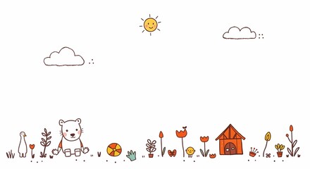 Fototapeta premium Cute cartoon doodle background vector illustration with animal and plant theme