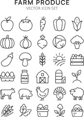 Farm Produce Vector Icon Set | Adjustable Line Weight | Fruits, vegetables, livestock, poultry, organic food, harvest, healthy eating, agriculture, fresh ingredients, orchard, farm animals icons