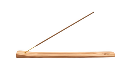 Aromatic incense stick peacefully resting in a light wooden holder, minimalist aesthetic, calmness.
