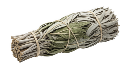 Bundled sage and bay leaves are bound with twine, offering natural wellness aromatherapy source.