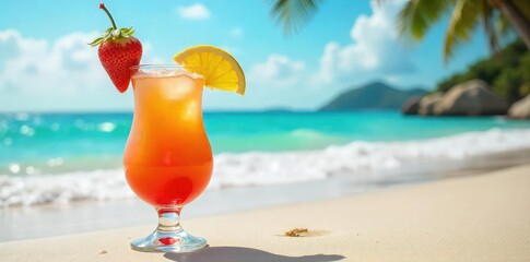 Obraz premium A vibrant tropical cocktail garnished with fresh fruit sits on a sun-drenched beach, waves gently lapping the shore Perfect for summer vacation imagery and travel promotions , water, ocean, sun