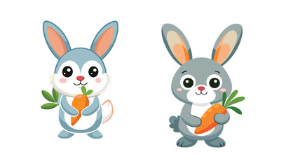 Two cute cartoon rabbits holding carrots