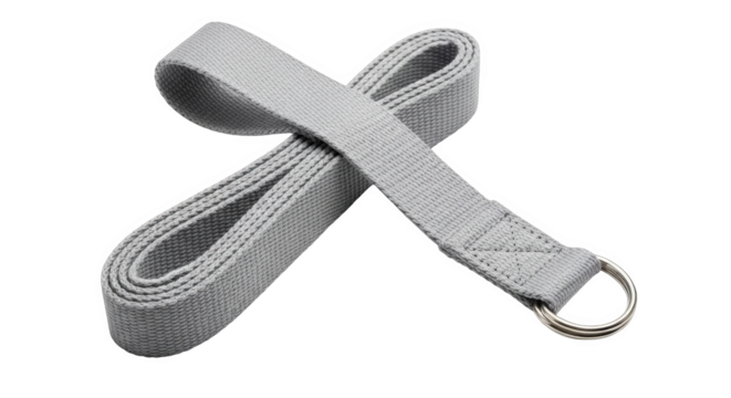 Detailed gray textured woven strap is looped with attached metal rings on a stark black backdrop.