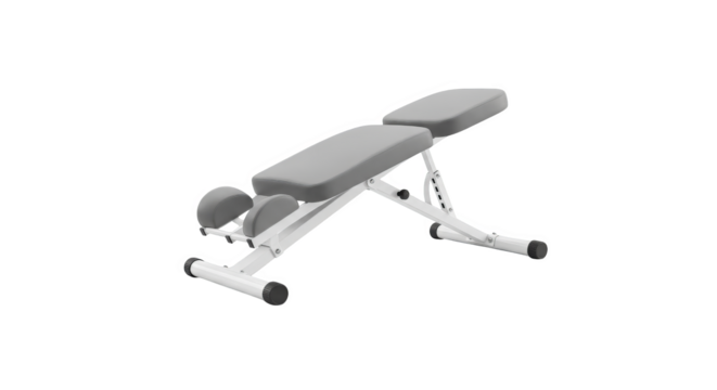 Isolated gray adjustable weight bench, showcasing versatile angles on a stark black background