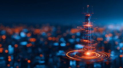 3D Rendering of mobile phone signal repeater station tower with futuristic hud hologram. Dark background. For telecommunication industry 4g 5g mobile data. 61794414 1