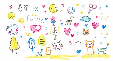 Obraz premium Cute family drawing kids art illustration with cats hearts and happy faces fun art