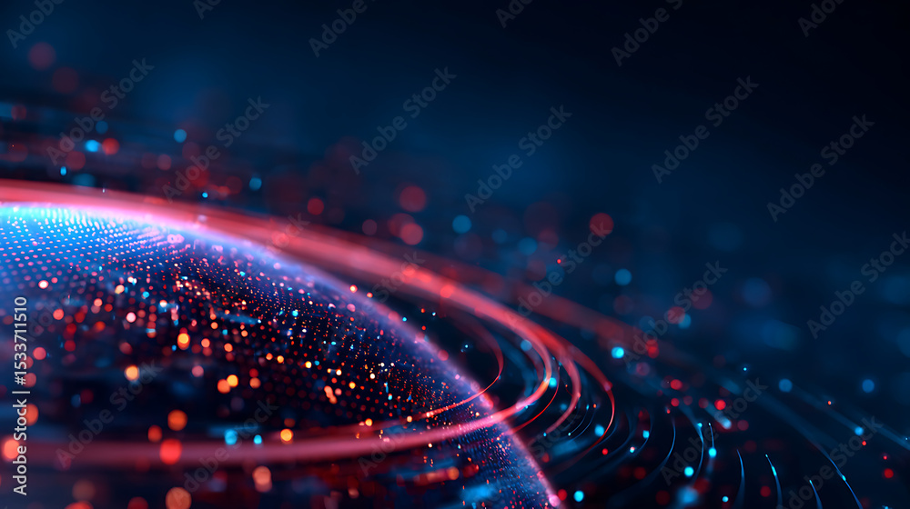 Poster rotating hologram planet earth surrounding by abstract lines and dots data. seamless loop. for globa