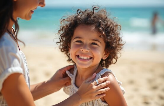 Happy smiling kid girl with mother on beach. Mother touches daughter shoulder. Smiling child on vacation at seaside. Joyful family spend time together. Summer fun. - Powered by Adobe