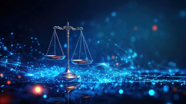 Golden scales of justice on digital network background symbolizing law and technology