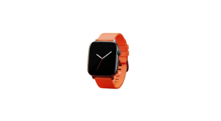 Orange smartwatch stands against black background