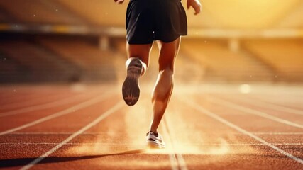 Low-angle shot of a runner's legs on a track, capturing motion and energy, with a cinematic video style and warm lighting.