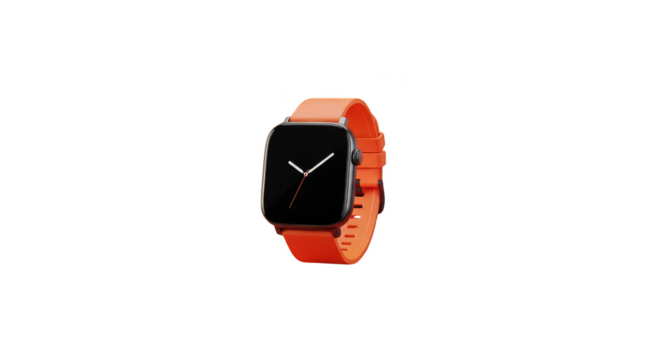 Orange smartwatch stands against black background
