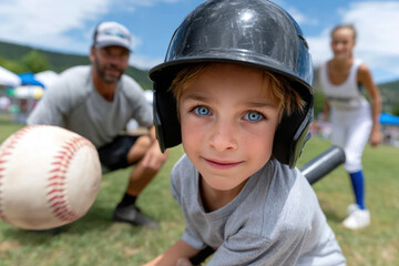 Young baseball player prepares to hit at local sports event on a sunny day