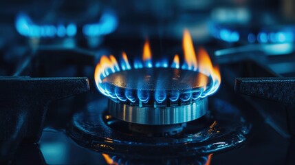 Close-up of blue flames on a lit gas stove burner in a dark kitchen