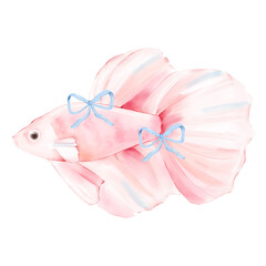 Watercolor pink betta fish with two blue bows. Marine clipart for baby shower cards, nursery posters, packaging, textiles, stickers, invitations