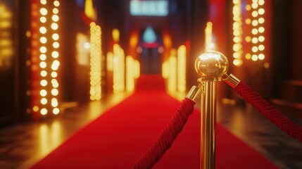 Luxurious red carpet event with elegant golden stanchions and glowing lights