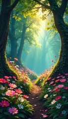 Enchanted floral forest scene, vibrant blooms carpet the forest floor, sunlight dappling through leaves A magical, whimsical landscape , natural, flora