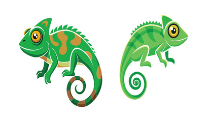 Two cute cartoon chameleons on white background