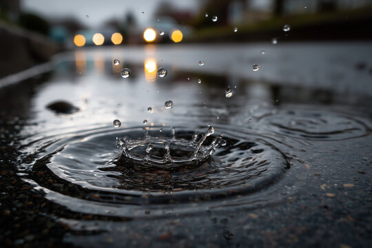 macro rain splash in puddle, ripples on water surface, soft reflections, dynamic movement