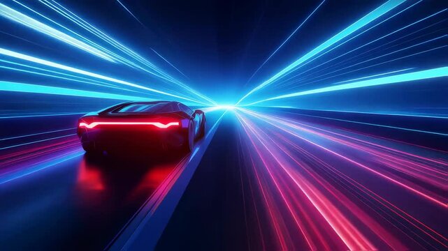 Futuristic car racing through neon light tunnel in motion blur journey
