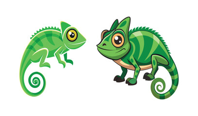 Two adorable cartoon green chameleons
