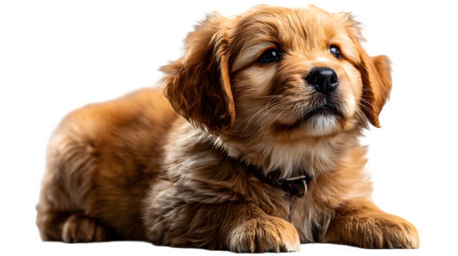 Golden retriever puppy, 2 months old, full body side profile with soft fur and floppy ears, playful stance, isolated on transparent background