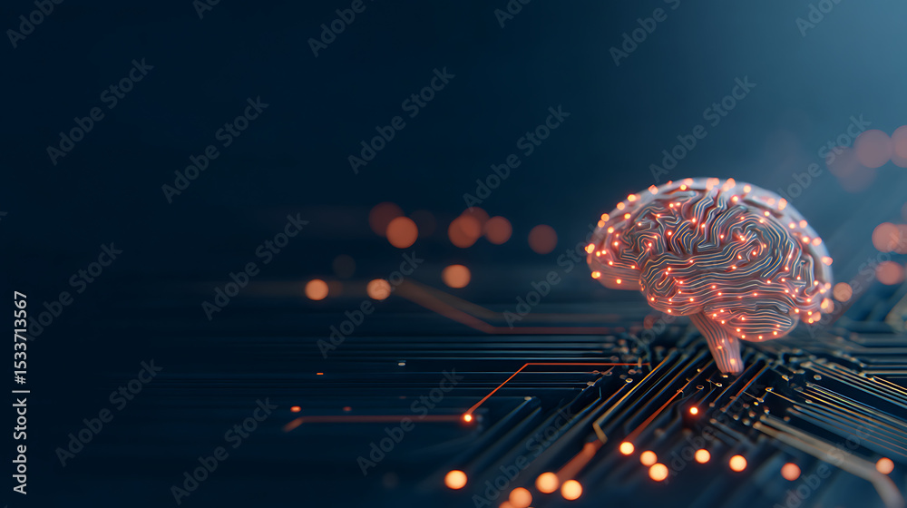 Poster artificial cybernetic circuit brain inside human nerves system (top view). concept of combining bio 
