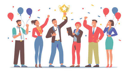 Obraz premium Group of people celebrating success with a trophy balloons and confetti in a joyful atmosphere
