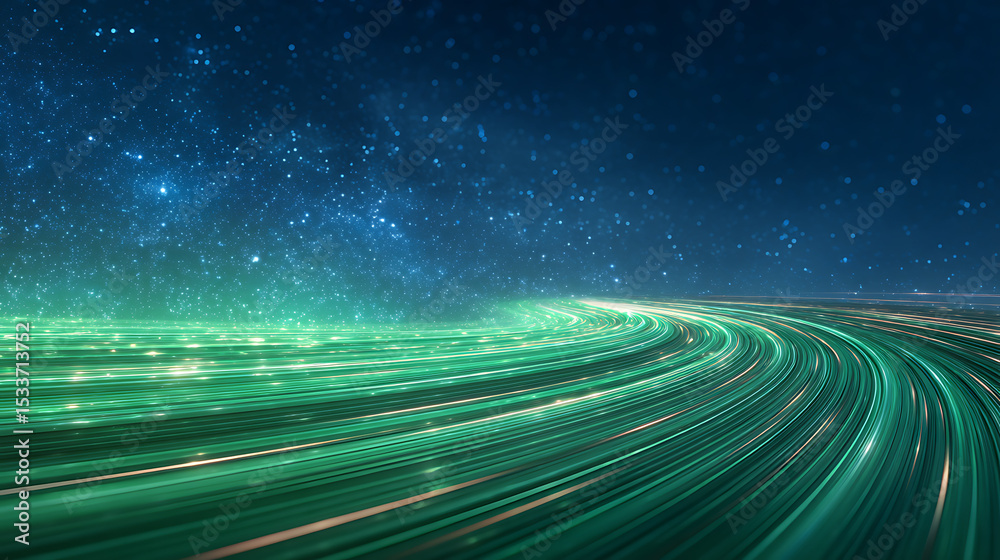 Poster 3d rendering of abstract fast moving stripe lines with glowing green light flare. high speed motion 