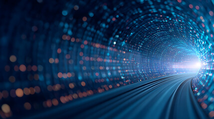 3D Rendering of abstract wire cable tunnel with digital binary data transmitting. Depth of field effect. Inside AI concept. Technology machine learning big data virtualization. Product back 22448803 1