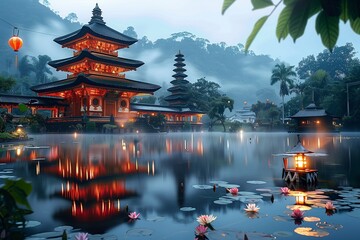 Naklejka premium Serene Dusk at the Illuminated Temple by the Lotus-filled Misty Lake