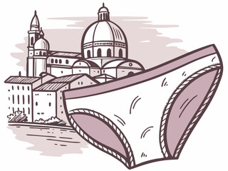 Illustrated hip briefs with a cityscape background on a white background
