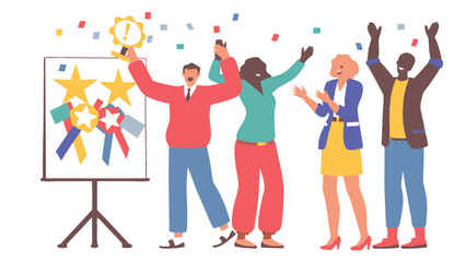 Fototapeta premium Illustration of diverse team celebrating success with awards and confetti near a presentation board