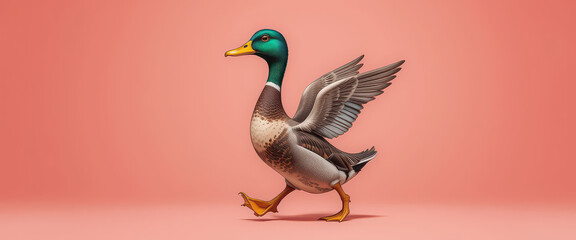 Obraz premium Stylized mallard duck walking with raised wings on pink background, high-detail fantasy bird character in motion with playful and animated posture