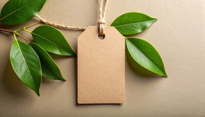 Blank Brown Label with Green Leaves on Beige Background