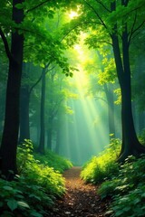 Obraz premium Lush green forest canopy, dappled sunlight filtering through leaves, vibrant foliage, tranquil scene of untouched nature , untouched, trees, flora