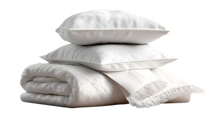 Stack of white bedding including pillows blanket and bed sheet isolated on a white background representing comfort and luxury