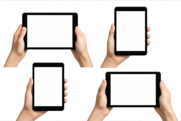 Hand holding tablet PC with blank screen isolated on transparent background.