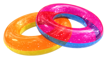 Two colorful inflatable swimming rings overlapping against a white background ready for summer vacation water fun