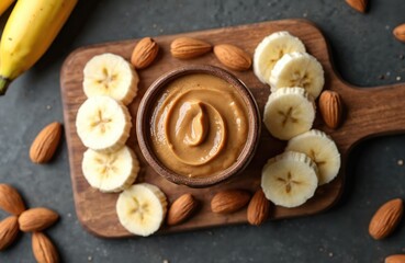 Fototapeta premium Delicious almond butter with fresh banana slices arranged on wooden board with almonds. Healthy snack. Tasty meal, perfect breakfast, lunch, dinner. Culinary delight, vegan food, organic ingredients.