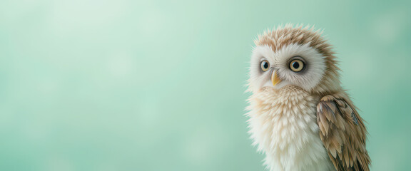 Obraz premium Cute fluffy owl with wide expressive eyes standing on soft green dreamy background, fantasy-style bird character with pastel feathers and gentle charm