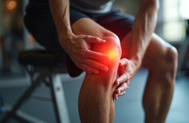 Man holds knee due to pain. Red highlight shows area of acute pain. Fitness room background. Athlete suffers joint pain. Leg injury, inflammation, health issues, exercise, sports.