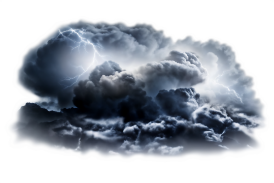 Dramatic storm clouds with lightning isolated on a white background png
