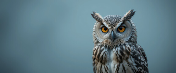Fototapeta premium Hyper-detailed fantasy owl with glowing orange eyes and sharp feathers standing against soft blue background, digital bird portrait in dramatic light