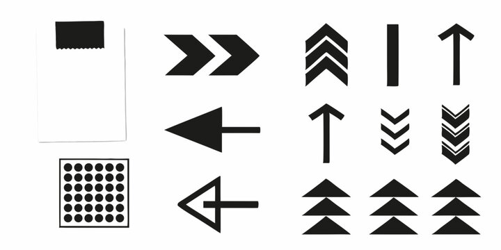 Collection of various black geometric shapes including arrows and a dot matrix pattern design element