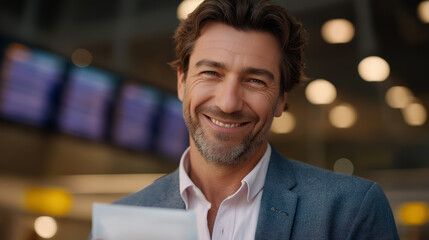 Fototapeta premium Excited Traveler with Digital Flight Ticket and Stewardess