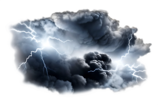 Dramatic storm clouds with lightning isolated on a white background png