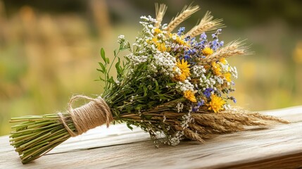 A bride's bouquet featuring wildflowers, wheat, and rustic twine, complementing a western wedding theme 