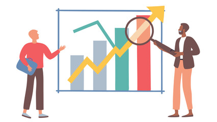 Two people analyzing a business growth chart with a magnifying glass and presentation gesture shown here