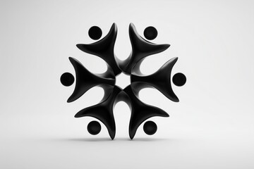 3D icon-style black sculpture of six overlapping human silhouettes in symmetrical layout on white background, symbolizing unity, teamwork, collaboration, social connection, and collective identity